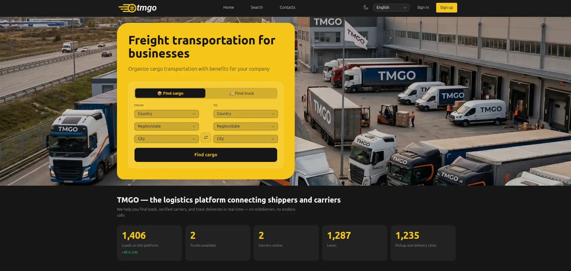Скриншот платформы tmgo — поиск груза и статистика биржи